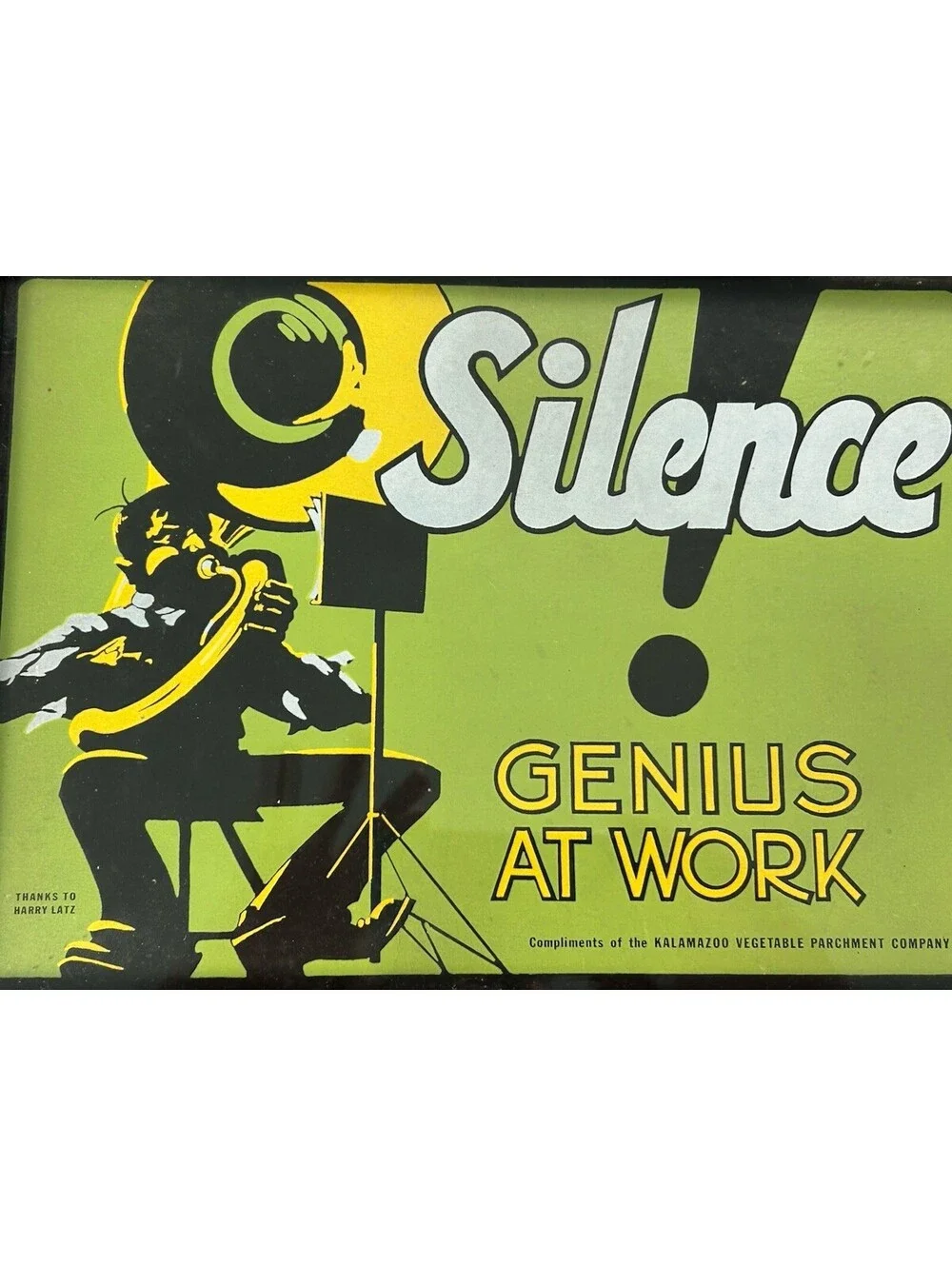 Vintage Silence Genius At Work Sign Framed Kalamazoo Vegetable Parchment 15